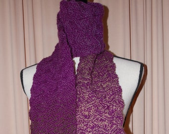 Hand Knit Scarf - Plum Purple with Sparkle!! - Wavy Pattern - Acrylic - Soft and Warm