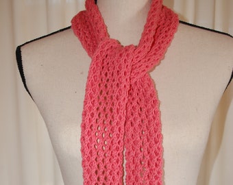 Hand Knit Cotton Scarf - Coral - Open Knit (Lacy) Pattern