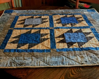 Handmade Quilted Table Topper - Cotton Prints and Batik Fabrics - Artisan Hand Crafted - Blues and Grays -  One of a Kind - Mini Quilt