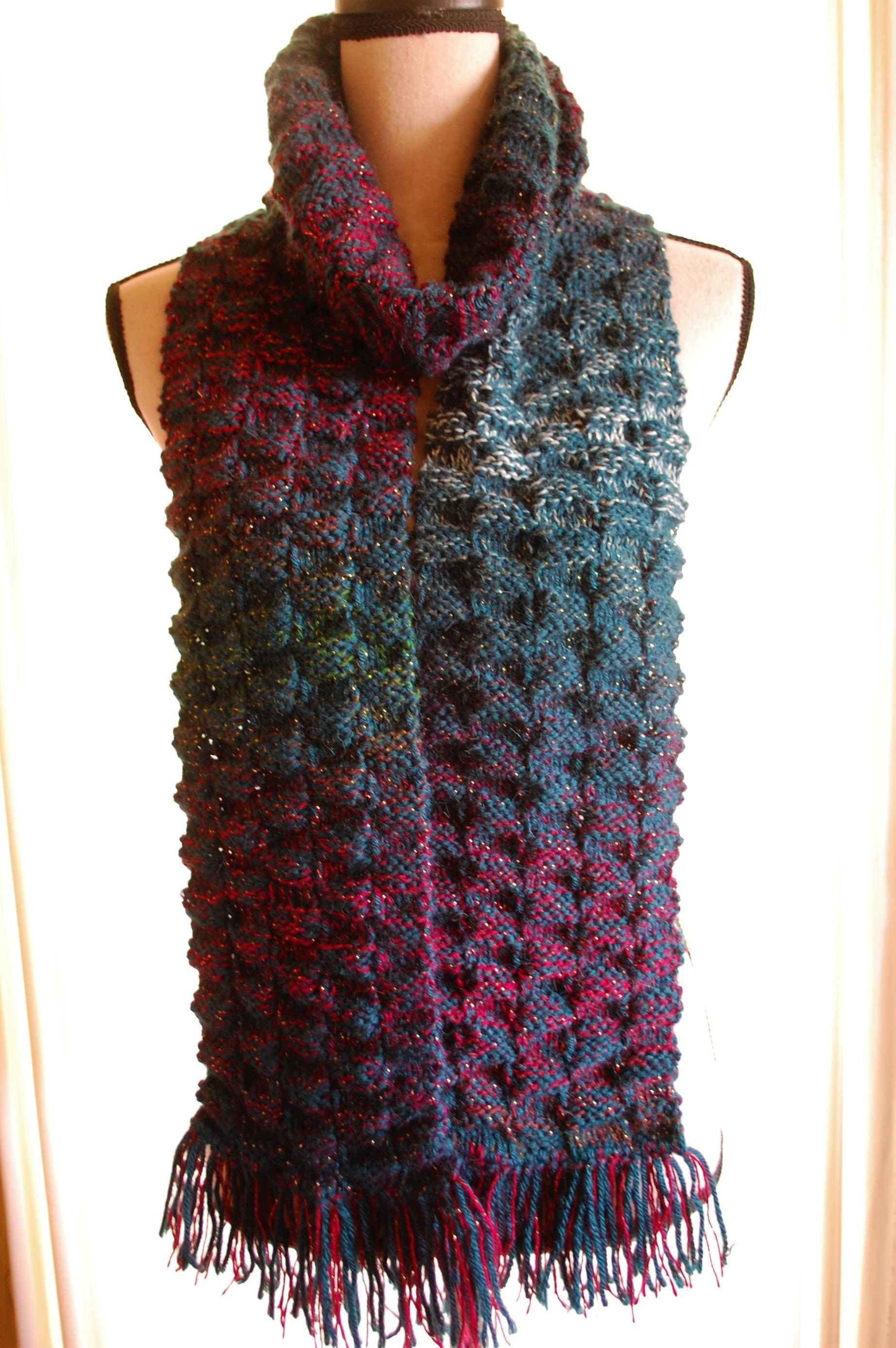 Hand Knit Sparkle Scarf: Red, Green, and Gold Acrylic Alpaca Blend - Etsy