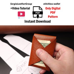 Könnte beinhalten: Eine nahtlose Geldbörse aus braunem Leder mit Papiergeld, begleitet von einer digitalen PDF-Vorlage. Der Text enthält SergioLeatherGroup, stitchless wallet, Only Digital PDF Pattern und Instant Download mit Symbolen.