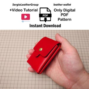 May include: A bright red leather wallet featuring a single gold-colored snap button closure. The image includes text: SergioLeatherGroup, +Video Tutorial, leather wallet, Only Digital PDF Pattern, and Instant Download with icons.