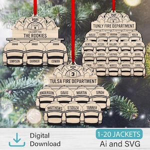May include: A set of three wooden Christmas ornaments featuring firefighter jackets with names and numbers. The ornaments are designed for the Calgary Fire Department, the Tunly Fire Department, and the Tulsa Fire Department.