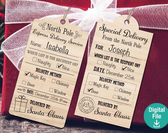 North Pole delivery tag glowforge file SVG, personalized naughty or nice Santa Christmas present tag, engraver vector svg ai, laser