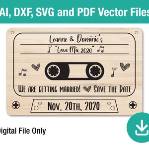 Puede incluir: Un archivo digital para un anuncio de guardar la fecha. El diseño presenta una cinta de casete con el texto "Leanne & Dominic's "Love Mix 2020"  We are getting married! Save the date Nov. 20th, 2020".