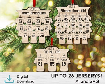 May include: A set of three wooden Christmas ornaments shaped like jerseys with the text "Team Grandkids", "Pitches Gone Wild", and "The Millers" on them. Each ornament has a scoreboard-style design with numbers and names on the jerseys.