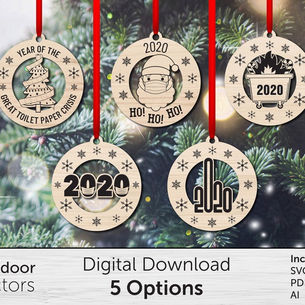 Découpez les ornements de Noël COVID 2020, arbre en papier toilette, graveur de feu de benne à ordures vecteur numérique svg ai, laser, Noël, glowforge personnalisé