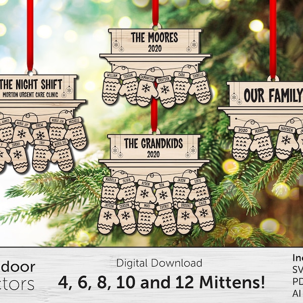 Famille, groupe, petits-enfants ornement d'arbre de Noël, mitaines sur les noms de cheminée, graveur laser de fichier glowforge, svg, ai, pdf, plans de modèle,