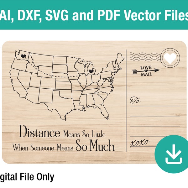 Valentines Day Long Distance relationship Postcard Digital download laser engraver vector glowforge file Love, gift personalize heart, USA