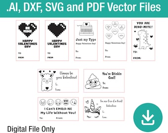 Valentines cards Digital download laser engraver vector glowforge file, Love card gift kids personalized pixels, emojis, poop, unicorn, Dino