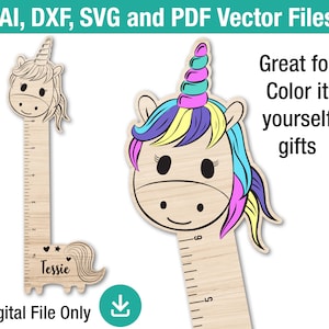 Kids unicorn, fun color in cut out ruler fun shaped children&#39;s personalized ruler perfect for laster engraver or glowforge svg file. CNC