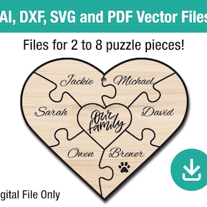 Pezzi del puzzle nel cuore, download vettoriale ornamento dell'albero di Natale, modello per incisione laser di file Glowforge, taglierina per piani familiari personalizzata.