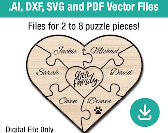 Puzzle pieces in heart, Vector download Christmas tree ornament, Glowforge file laser engraver template, Families plans cutter personalized.