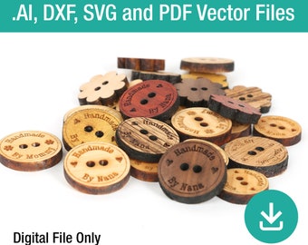 May include: A collection of wooden buttons with various designs and text, including "Handmade by Nana" and "Handmade by Momma". The buttons are in shades of brown, red, and yellow.