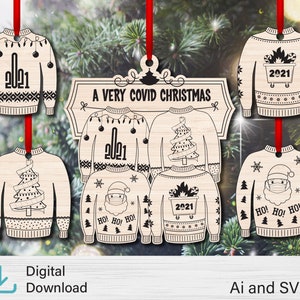 2021 Aggiornamento Brutto Maglione COVID natale Ornamenti FILE DIGITALE, carta igienica, incendio del cassonetto. laser vettoriale svg, ai, regalo di Natale, glowforge