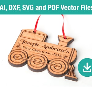 May include: A wooden train ornament with the text "Joseph Ambrose's First Christmas 2015" engraved on it. The ornament is a great way to commemorate a child's first Christmas.