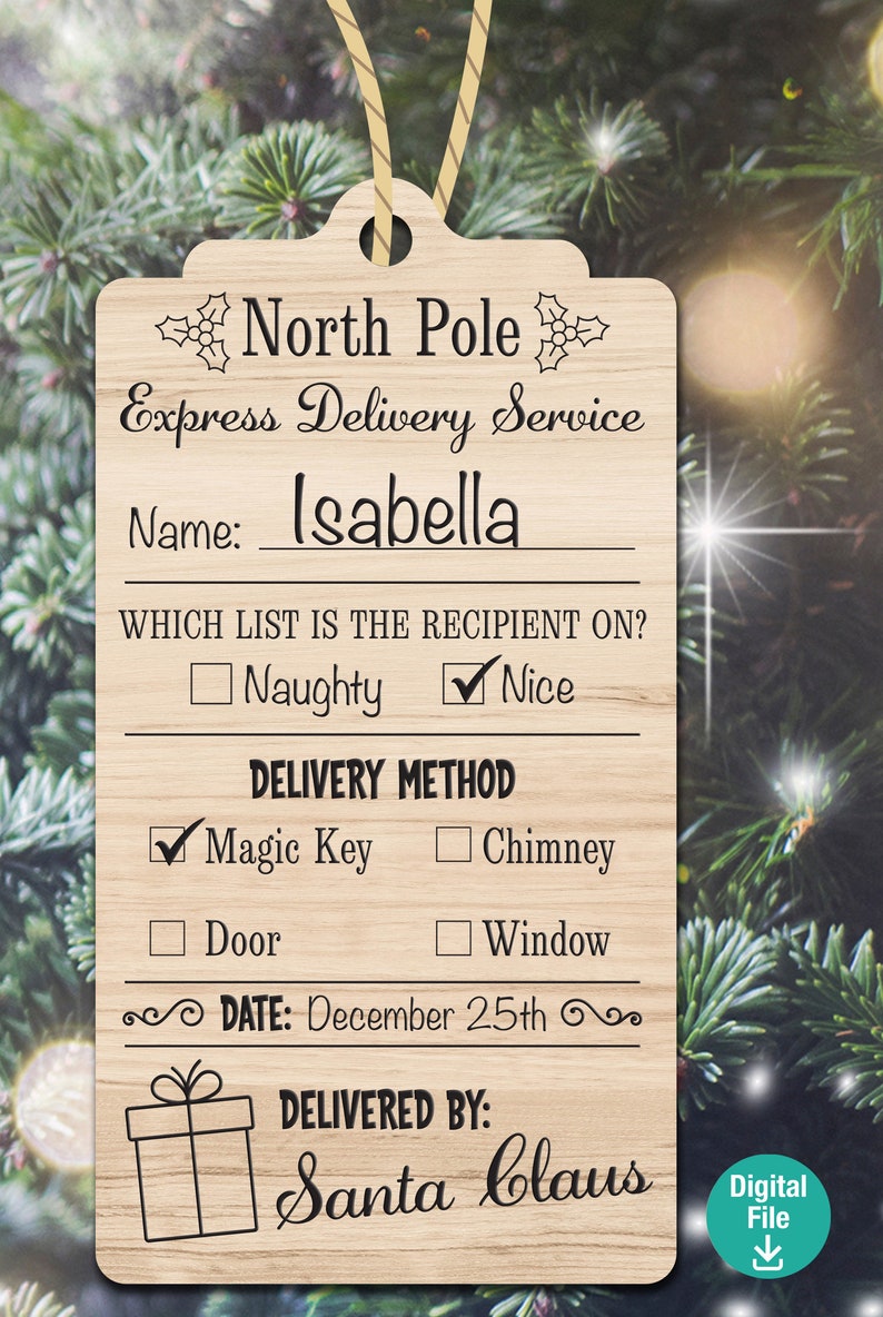 North Pole delivery tag glowforge file SVG, personalized naughty or nice Santa Christmas present tag, engraver vector svg ai, laser image 3