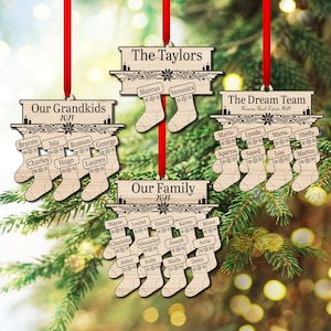 Famiglia, gruppo di decorazioni per l'albero di Natale, calze sul camino 2-15 nomi, file glowforge incisore laser, cnc, svg, ai, pdf, modelli di piani,