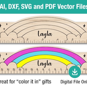 Kids rainbow, fun color in cut out ruler fun shaped children's personalized ruler perfect for laster engraver or glowforge svg file. CNC