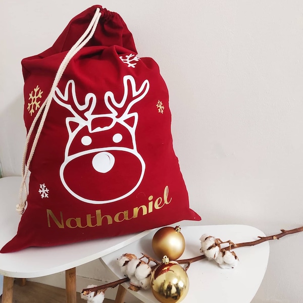 Hotte de noël – « Rennes de Noël» - pochette cadeau de noël réutilisable - personnalisée