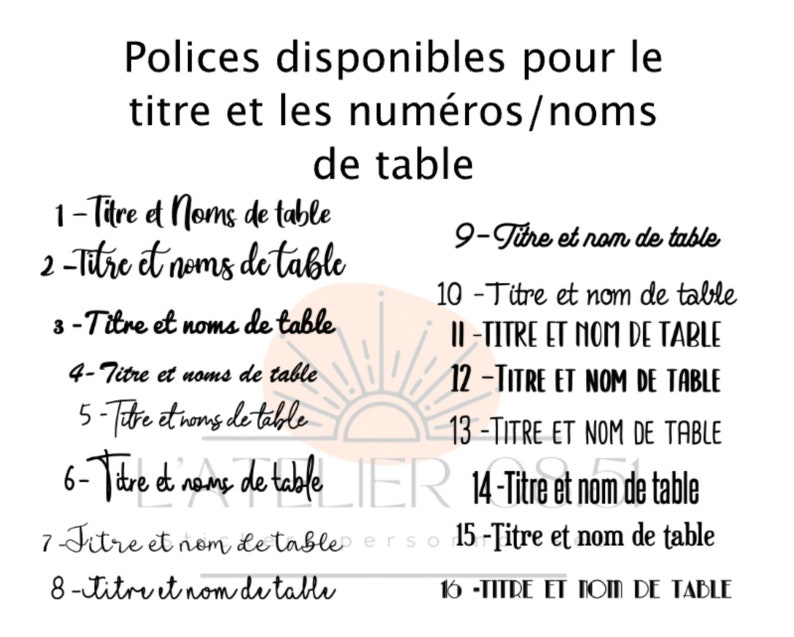 May include: A list of 16 different font styles for table titles and names. The fonts are shown in black text on a white background. The list is numbered 1 through 16.