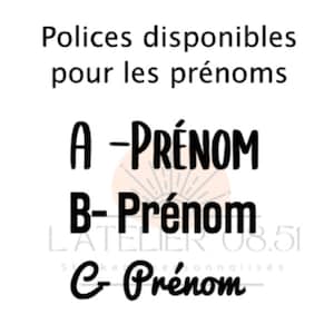 May include: A white background with black text that reads "Polices disponibles pour les pr&eacute;noms" and lists three font styles with the letters A, B, and C followed by the word "Pr&eacute;nom".