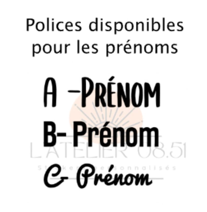 May include: A white background with black text that reads "Polices disponibles pour les pr&eacute;noms" and lists three font styles with the letters A, B, and C followed by the word "Pr&eacute;nom".