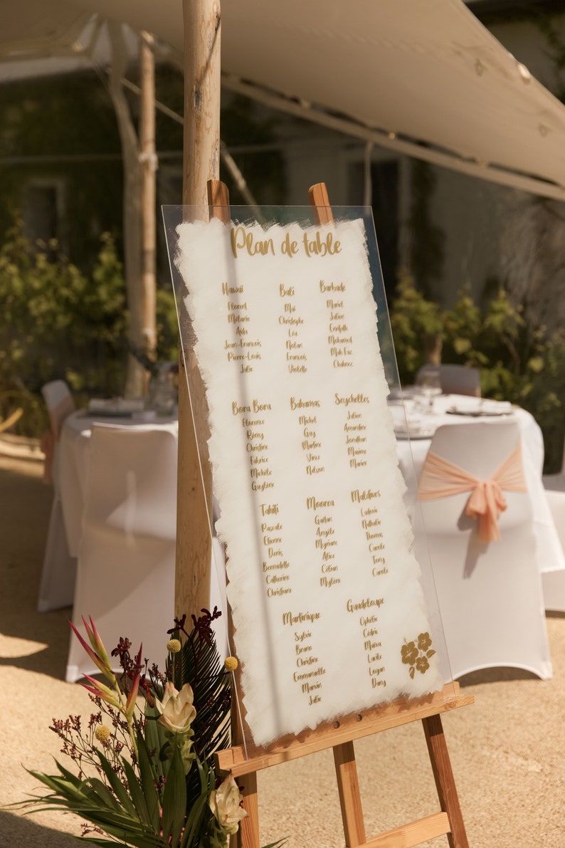 May include: A white acrylic sign with gold lettering on a wooden easel. The sign lists table names and guest names for a wedding reception. The table names are inspired by islands and countries, such as Bora Bora, Bahamas, Seychelles, Maldives, Martinique, and Guadeloupe.