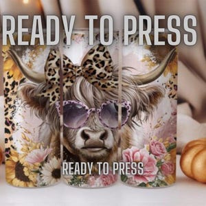 May include: Three sublimation tumblers featuring a Highland cow with a leopard print bow, sunglasses, and flowers. The tumblers are ready to press.