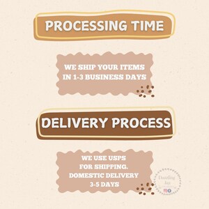 May include: A graphic with brown and beige text boxes outlining the processing and delivery times for items. The text reads "PROCESSING TIME", "WE SHIP YOUR ITEMS IN 1-3 BUSINESS DAYS", "DELIVERY PROCESS", "WE USE USPS FOR SHIPPING. DOMESTIC DELIVERY 3-5 DAYS".