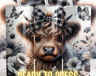 Highland Cow 20oz Tumbler Wrap, Sublimation, Ready To Press, Print Out Transfer, 20 oz, Flowers, Skinny Tumbler Transfer, NOT A DIGITAL