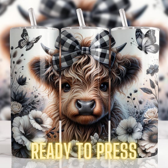 Highland Cow 20oz Tumbler Wrap, Sublimation, Ready To Press, Print Out Transfer, 20 oz, Flowers, Skinny Tumbler Transfer, NOT A DIGITAL