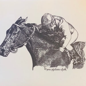 May include: Black and white illustration of a racehorse and jockey in action. The horse is dark with detailed shading, wearing a bridle. The jockey is in a racing uniform, leaning forward. The artwork is signed "pem pfistener clark".