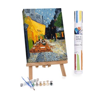 Café Terrace at Night paint by numbers kit inspired by Van Gogh, featuring a glowing cityscape on a 20x16 inch pre-numbered canvas. Includes acrylic paint set, 4 brushes, and easy step-by-step instructions. Perfect for adults, beginners, or art lovers looking to create relaxing DIY wall art. Ships rolled in a protective cardboard tube from New York. Ideal handmade gift or art therapy activity.