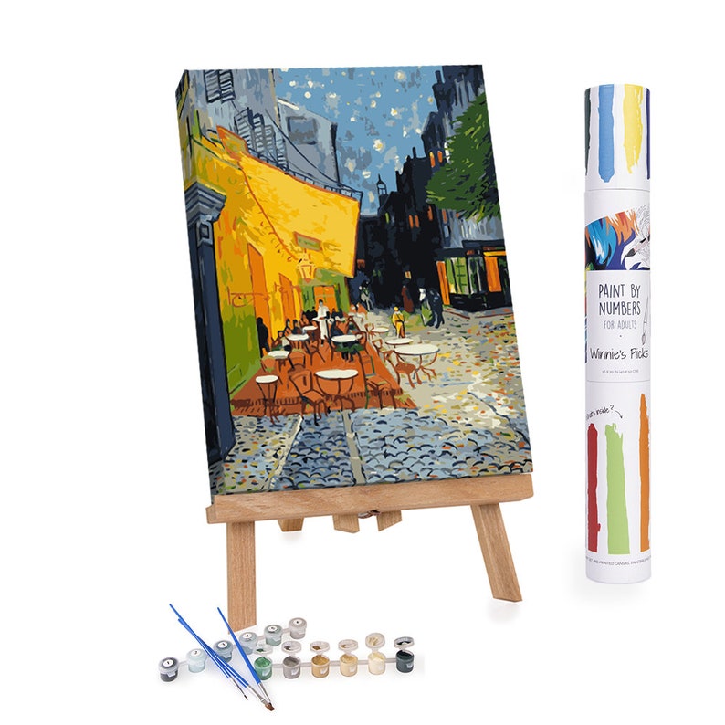 Café Terrace at Night paint by numbers kit inspired by Van Gogh, featuring a glowing cityscape on a 20x16 inch pre-numbered canvas. Includes acrylic paint set, 4 brushes, and easy step-by-step instructions. Perfect for adults, beginners, or art lovers looking to create relaxing DIY wall art. Ships rolled in a protective cardboard tube from New York. Ideal handmade gift or art therapy activity.