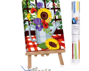 Flowers in Watering Can Paint by Numbers Kit, Floral DIY Art for Adults, Beginner Canvas Painting Kit, Country Garden art, Relaxing Hobby