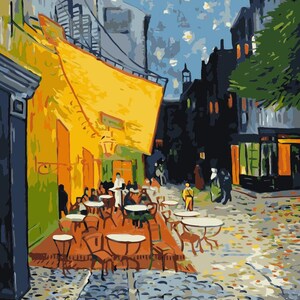 Café Terrace at Night paint by numbers kit inspired by Van Gogh, featuring a glowing cityscape on a 20x16 inch pre-numbered canvas. Includes acrylic paint set, 4 brushes, and easy step-by-step instructions. Perfect for adults, beginners, or art lovers looking to create relaxing DIY wall art. Ships rolled in a protective cardboard tube from New York. Ideal handmade gift or art therapy activity.