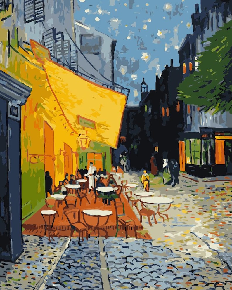 Café Terrace at Night paint by numbers kit inspired by Van Gogh, featuring a glowing cityscape on a 20x16 inch pre-numbered canvas. Includes acrylic paint set, 4 brushes, and easy step-by-step instructions. Perfect for adults, beginners, or art lovers looking to create relaxing DIY wall art. Ships rolled in a protective cardboard tube from New York. Ideal handmade gift or art therapy activity.
