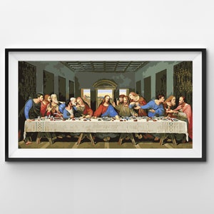May include: A framed print of Leonardo da Vinci's "The Last Supper." The artwork depicts Jesus and his twelve apostles seated at a long table, with a neutral background. The figures are dressed in robes, and the scene is rendered in muted tones.