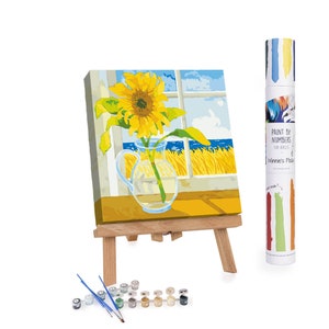 Sunflower Paint by Numbers Kit for Adults, Easy DIY Floral Painting, Window Scene Canvas Art, Beginner Acrylic Paint Kit, Giftable Hobby