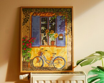 French Countryside Paint by Numbers Kit, Blue Bicycle & Cat by Window, Sunflower Wall Art, DIY Painting for Adults, Rustic Home Decor