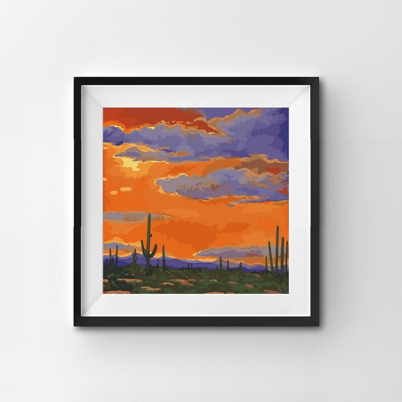 Saguaro Sunset Cactus Paint by Numbers Kit for Adults – a relaxing DIY painting kit featuring a desert sunset and saguaro cactus scene. Includes 16x16 inch linen canvas, pre-mixed acrylic paints, four brushes, and easy step-by-step instructions. Ideal for beginners, hobbyists, and those seeking creative home decor. A beautiful Southwestern art kit perfect for gifts, boho wall accents, or stress-relieving activities. Ships from New York in protective tube packaging.