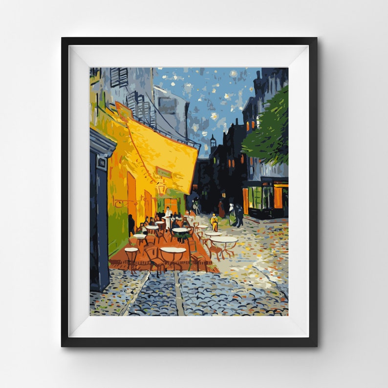 Café Terrace at Night paint by numbers kit inspired by Van Gogh, featuring a glowing cityscape on a 20x16 inch pre-numbered canvas. Includes acrylic paint set, 4 brushes, and easy step-by-step instructions. Perfect for adults, beginners, or art lovers looking to create relaxing DIY wall art. Ships rolled in a protective cardboard tube from New York. Ideal handmade gift or art therapy activity.