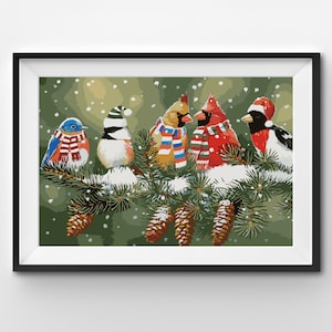 May include: A framed print featuring five colorful birds perched on a snow-covered pine branch with pine cones. The birds are wearing scarves and hats, with a snowy background. The artwork is in a black frame.