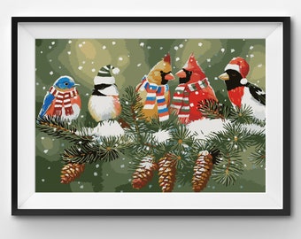 Festive Birds on Snowy Branch Paint by Numbers Kit, Christmas theme Holiday decor, Beginner Adult DIY Painting Kit,  Vibrant Farmhouse Birds