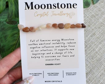 Moonstone Crystal Nugget Bracelet - Stretch Fit, Handmade With Crystal Description Card