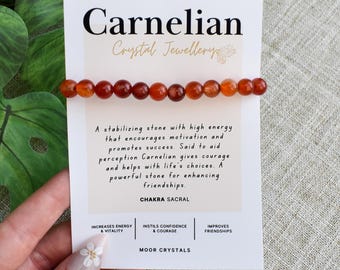 Carnelian Crystal Bead Bracelet - Stretch Fit, Handmade With Crystal Description Card, Gemstone 8mm Bead