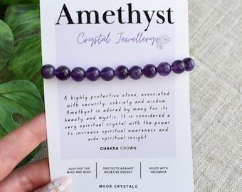 Amethyst Crystal Bead Bracelet - Stretch Fit, Handmade With Crystal Description Card, Gemstone 8mm Bead