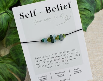 Self-Belief Crystal Bracelet / Anklet: 100% Silk Cord, Aquamarine, Peridot & Malachite