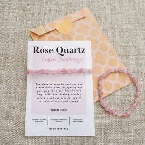Rose Quartz Crystal Nugget Bracelet - Stretch Fit, Handmade With Crystal Description Card image 5